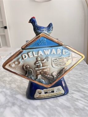 Vintage Jim Beam Delaware Blue Hen State Ceramic Decanter - Blue and Gold